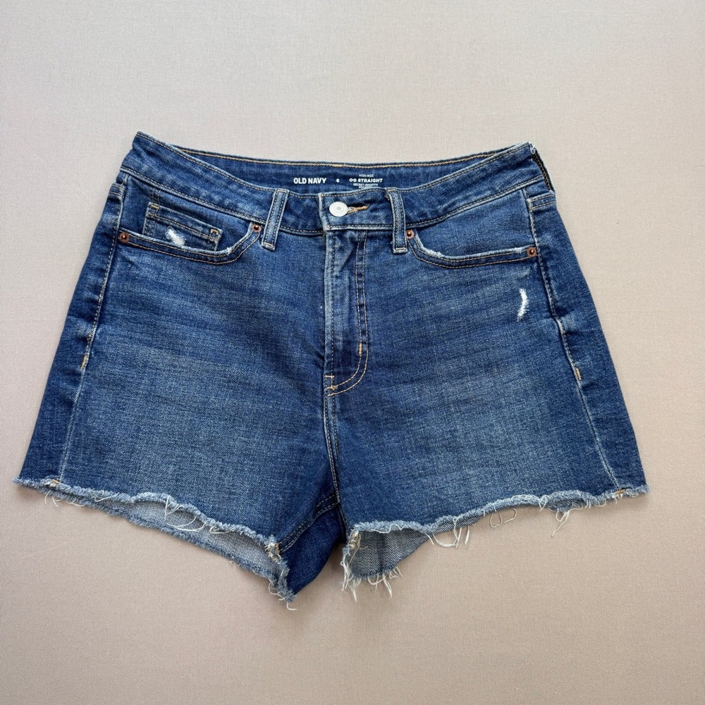 Old Navy OG Straight High Rise Denim Shorts Medium Wash Distressed Size 6